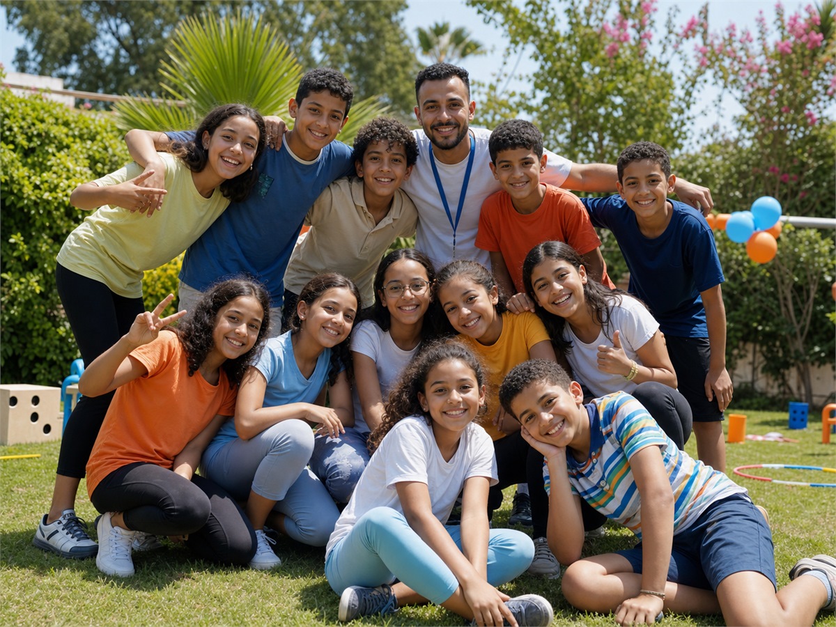 Groupe d'enfants avec leur animateur partageant un moment joyeux